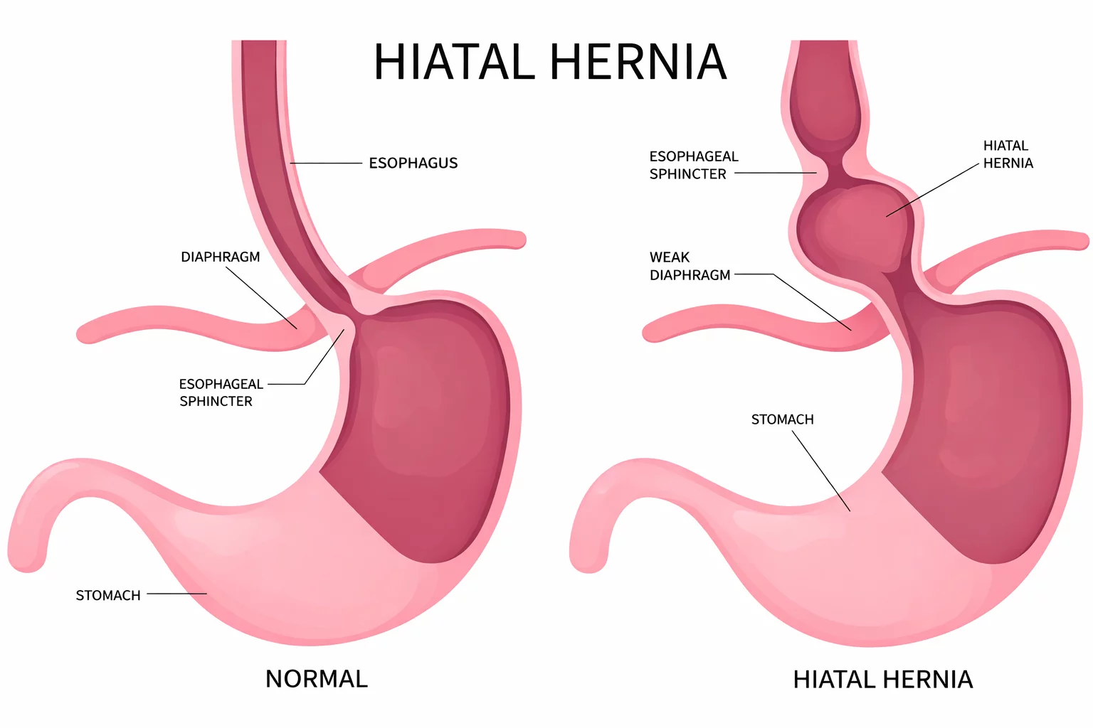 Normal anatomy vs hiatal hernia comparison diagram